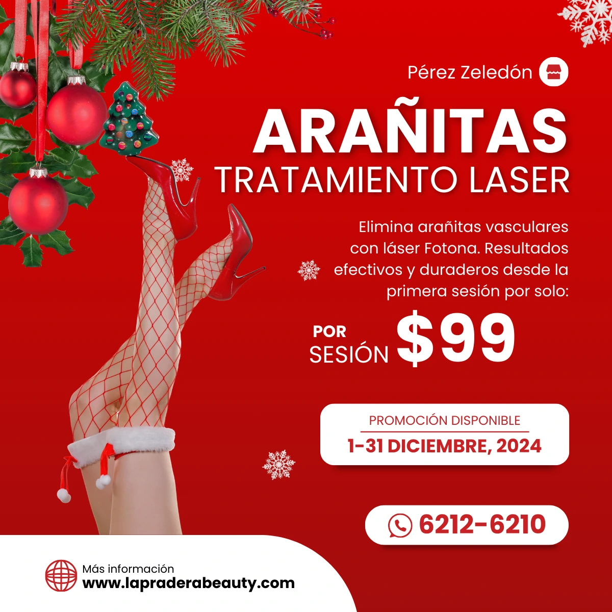 Promoción de tratamiento láser para arañitas vasculares en Pérez Zeledón: $99 por sesión en diciembre.