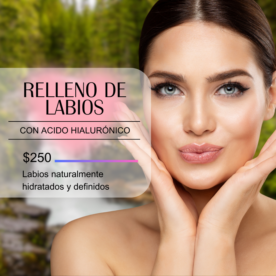 Mujer con labios voluminosos y expresión suave en un fondo natural.